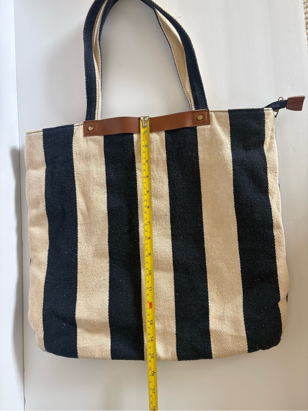 Street Level Navy Cream Striped Canvas Tote Bag Large Shoulder Bag - Picture 6 of 6
